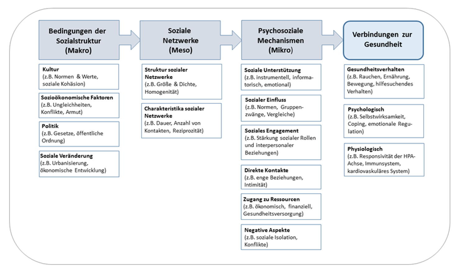 Abbildung 2: Erklärungsmodell zum Zusammenhang zwischen sozialen Beziehungen und Gesundheit nach Berkman, eigene Darstellung 
